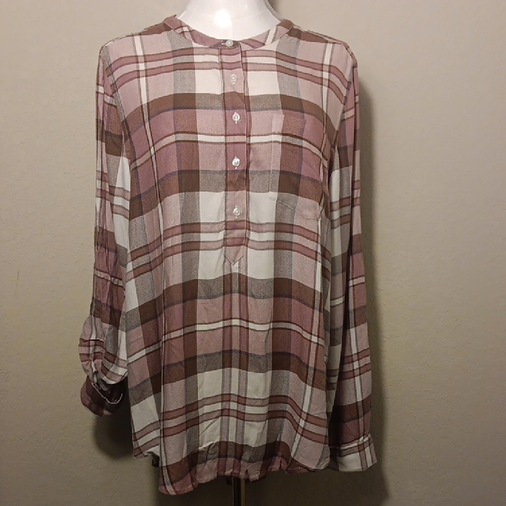 NWT. Lucky Brand Pink and Brown Plaid Shirt Half Button Down